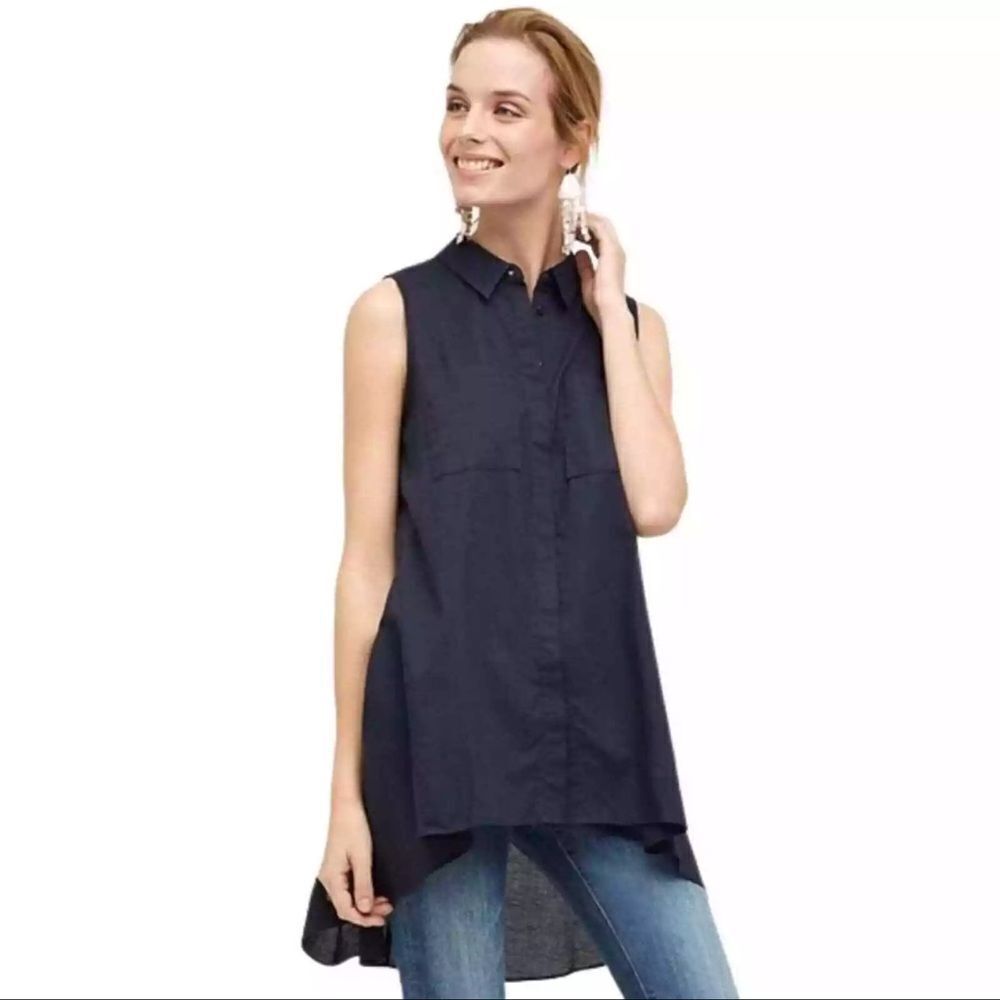 ANTHROPOLOGIE HD IN PARIS Sleeveless Button Down Tunic Navy Women’s Size 8
